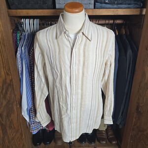 Brandini Men's Linen Beige Stripe Button-Up Shirt XL